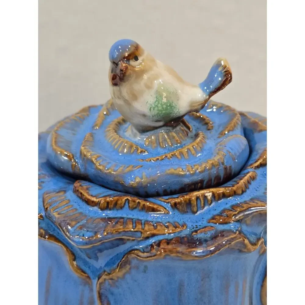 Majolica Style Cabbage Rose Bluebird Finial Ceramic Teapot Floral Decor